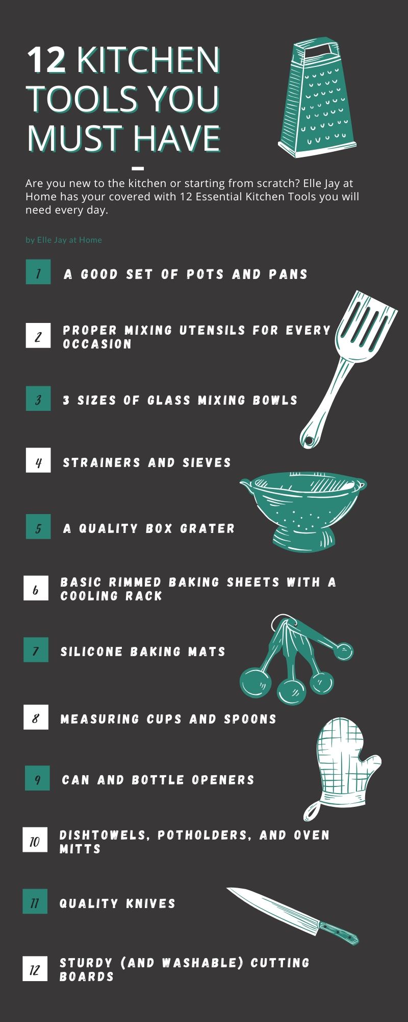 Pin me! Infographic by Elle Jay at Home, 12 Kitchen Tools You Must Have