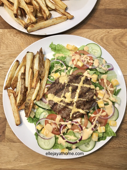 A healthy drizzle of secret sauce is the perfect dressing for cheeseburger salad. Great for fry dipping, too!