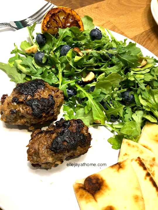 Sun Basket Meals: Beef Souzoukaklia with Arugula-Blueberry Salad