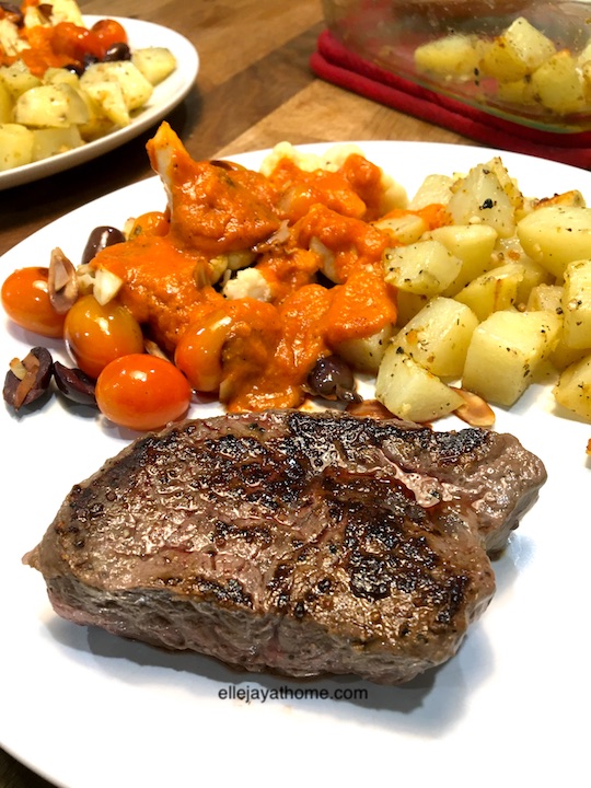 Sun Basket: Seared Steaks with Roasted Red Pepper Ajvar and Cauliflower